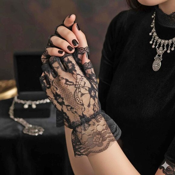 Fingerless Black Lace Gloves Womens One Size OS Wrist Length with Ruffle - Picture 1 of 9
